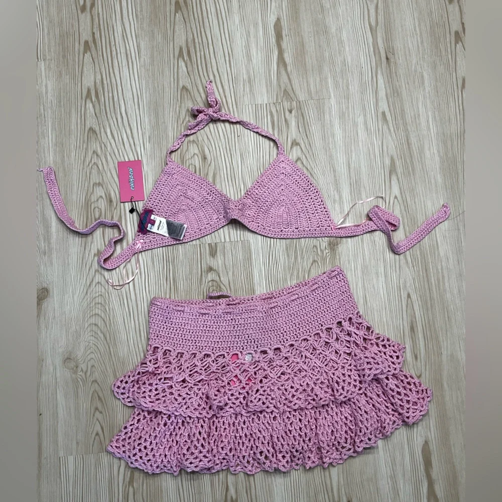 Edikted Pink Crochet Bikini Top and Tiered Coverup Set